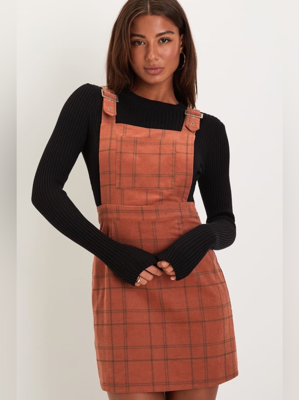 Lulus Fall Behavior Rust Orange Corduroy Plaid Overall Mini Dress size xs xsmall